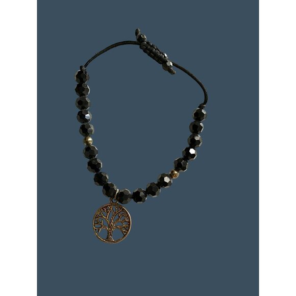 WOMENS BLACK BEADS AND TREE OF LIFE CHARM ADJUSTABLE BRACELET - Picture 1 of 3
